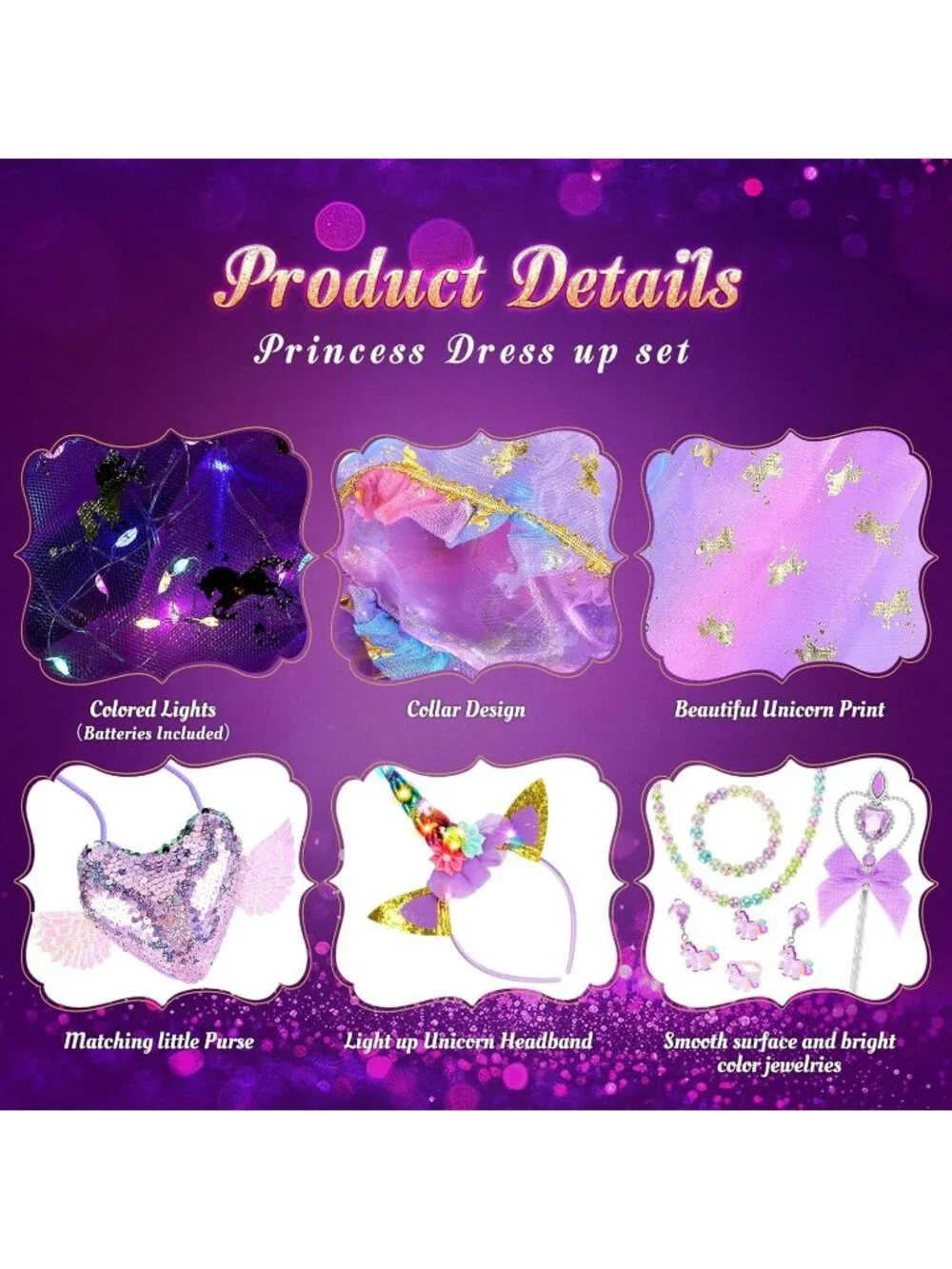 Purple Unicorn Princess Dress Up Set Light Up Cape Costume Girls Ages 3-8